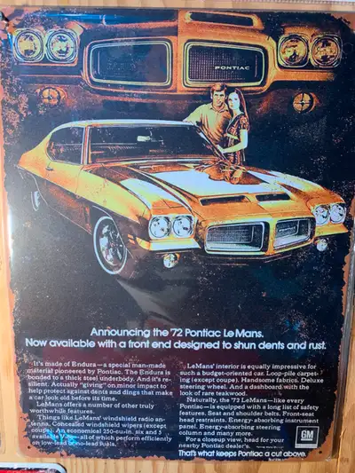 Retro Vintage Look Reproduction 1972 Pontiac Lemans Metal Patina Painted Art Sign. Based on a magazi...