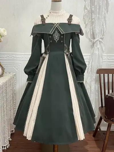 Beige and Green Buckle Straps Open Shoulder Lolita Dress + Beige, View more