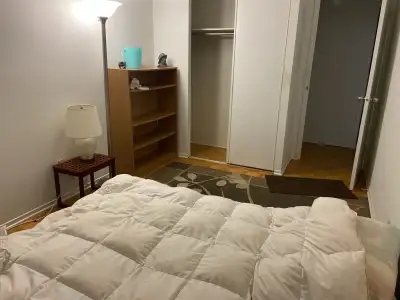 I am renting out a room in my apartment. The room is furnished with a bed, a nightstand, and a lamp....