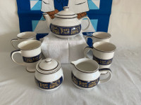 Vintage Tetley Teas Teapot Set with Creamer, Sugar, 4 Mugs 