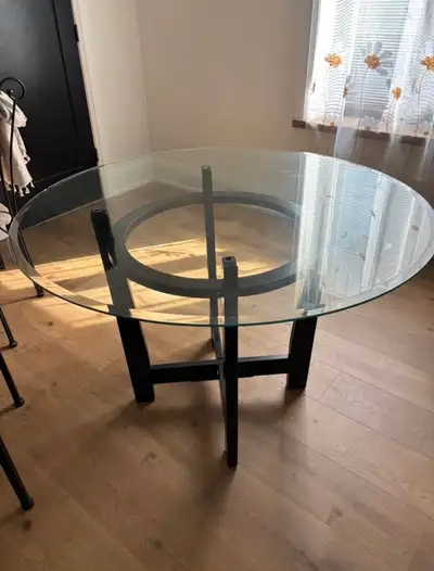 Round Glass Top Dining Table with Black Wooden Base, View more