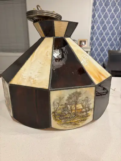 Amazing Condition 1960s Tiffany Style Lamp with Hand Drawn pictures of Farm House Moments. 4 differe...