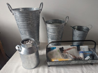 Galvanized Metal Vases and Basket