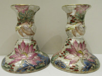 NEW,  PINK WATERLILY & WHITE CRANE CREAMIC PAIR OF CANDLEHOLDERS