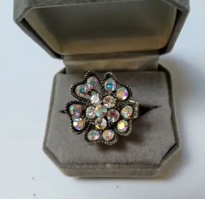 Vintage Floral Crystal Ring Adjustable band, View more