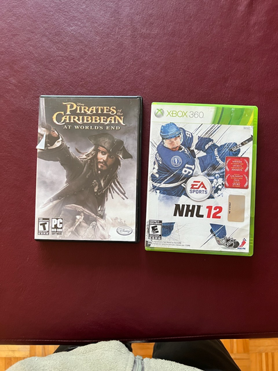 x-box NHL, $4 pc dvd rom pirates of caribbean, free with other purchase.