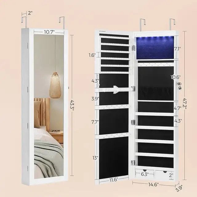 6 LEDs Mirror Jewelry Cabinet, 47.2-Inch Tall Lockable Wall or in Home Décor & Accents in Markham / York Region - Image 6
