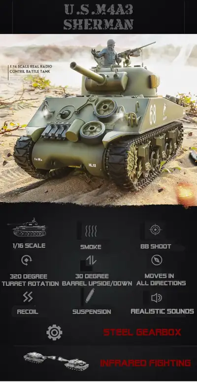 1/16 2.4G RC Henglong Smoke&Sound USA Sherman M4A3 Tank V7.0 NEW, View more