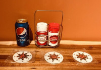 COCA-COLA Salt and pepper shakers and 3 coasters