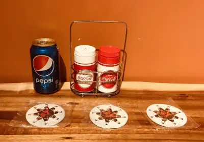 COCA-COLA Salt and pepper shakers and 3 coasters, View more