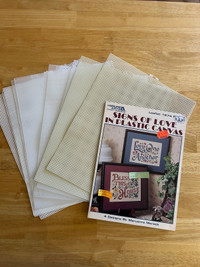Seven Mesh Plastic Canvas sheets and book (see description)
