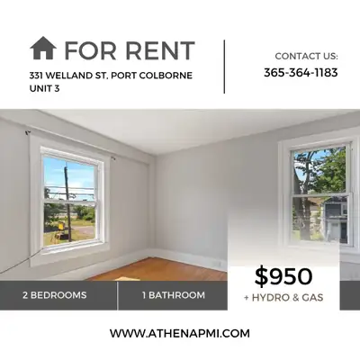 331 Welland St, Port Colborne – 3 This 600 sq. ft. upper-level, 2 bed 1 bath unit offers a cozy livi...