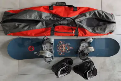 Snowboard, boots, bag, helmet, View more