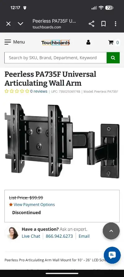 Peerless PA735F Universal Articulating Wall Arm. *SILVER*, View more