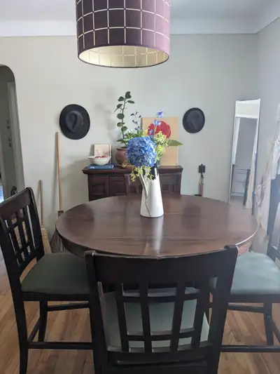 Adjustable Wood Dining Room Table and 4 Chairs: - Solid Wood with walnut stain - Handmade central le...