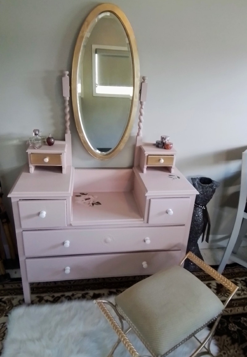Antique 6 Drawer Vanity With Stool (Refinished) Dressers & Wardrobes