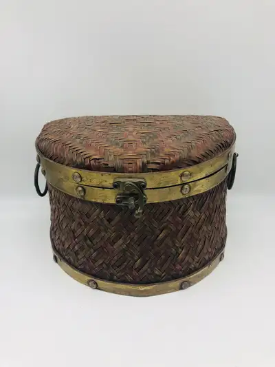 Vintage Wicker and brass Bombay storage box, View more