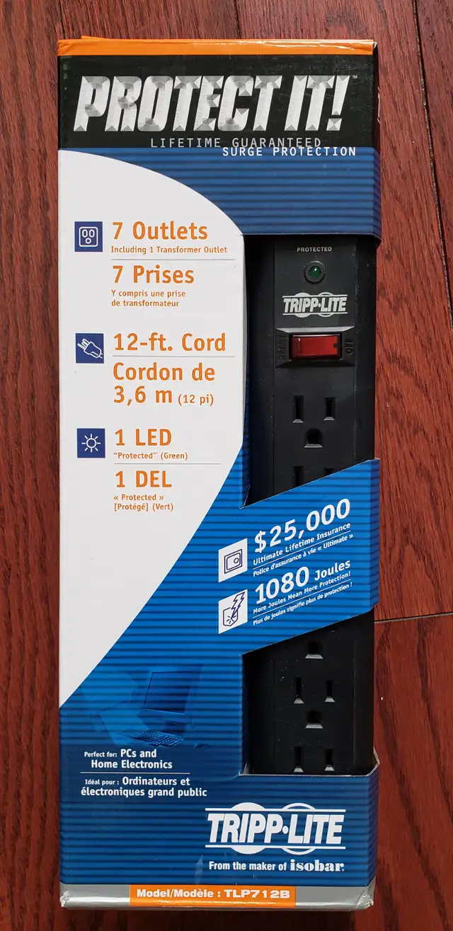 Power Strip Tripp Lite 7 Outlet 12ft extension Cord Surge 1080J