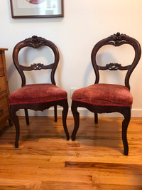 Two stunning antique walnut framed side chairs