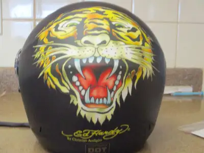 XS Ed Hardy motorcycle helmet with box and tags.