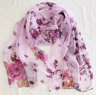 Silk Chiffon Oblong Scarf Violet Floral ~ Fast Delivery, View more