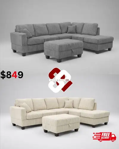 Grey Corduroy Sectional Sofa with Matching Ottoman Now on Sale , View more