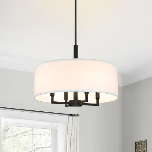 Farmhouse 4-Light Drum Chandelier with White Fabric Shade - Blac in Indoor Lighting & Fans in City of Toronto - Image 10