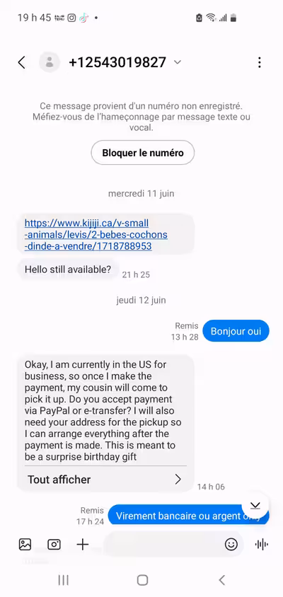 Fraude actuelle sur kijiji pour lachat de petits animaux de ce # +12543019827
