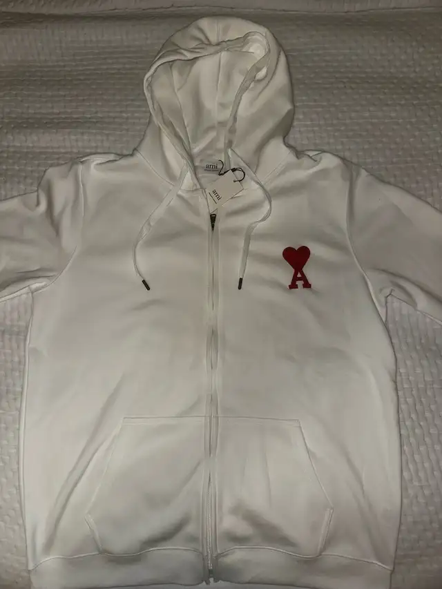 AMI Paris Zip Hoodie White XL – Ami de Coeur Logo  – 100% Au628647444627231225
