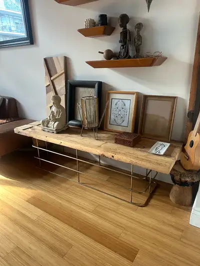 VINTAGE RECLAIMED WOOD BRASS COFFEE TABLE / ENTERTAINMEMT UNIT, View more