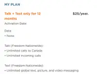 $25/ year unlimited talk text Freedom Mobile plan can wide