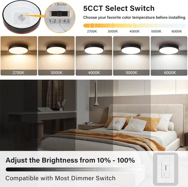 Dimmable LED Ceiling Light, Black Wood Flush Mount, 5 CCT, 11.8 in Indoor Lighting & Fans in Oshawa / Durham Region - Image 4