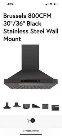 Brand New Vesta Black 800 CFM wall mounted range hood for sale.