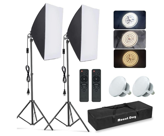 Lighting Kit – Dimmable LED + Remotes, 2 Softboxes + Stands