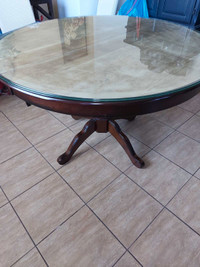 48" round wood table with beveled glass top