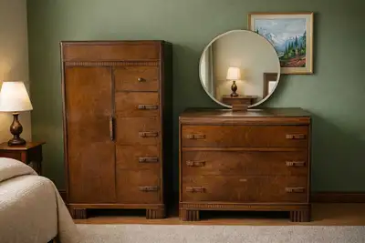 Waterfall wardrobe + matching dresser w/ mirror, View more