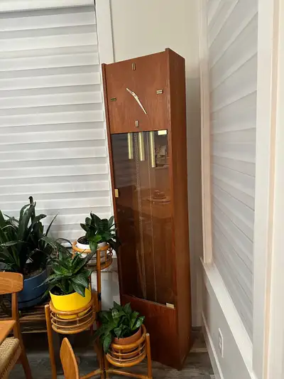 Mid century teak grandfather clock, View more