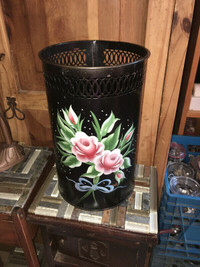 Vintage Tole Hand Painted Shabby Rose Wastebasket Black Tin