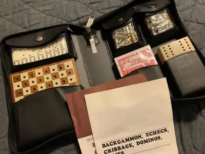 Travel Chess, Backgammon, Cribbage, Dominoes, Checkers in case. New never used Bin35