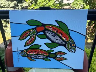 Original acrylic on canvas by Eugene Morrisseau, titled Canadian River Fish. Created in 2026, this v...