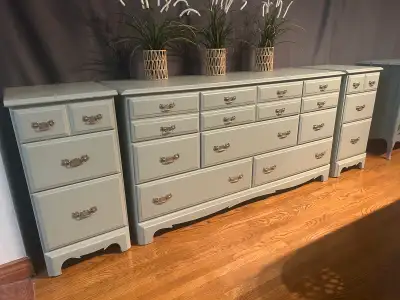 SOLD.  DROUIN refinished solid wood dresser and 2nightstands, View more