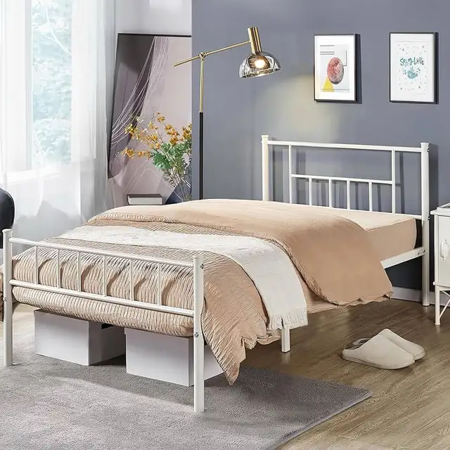 Yaheetech white Twin Size Metal Platform Bed Frame Headboard in Beds & Mattresses in Markham / York Region - Image 4