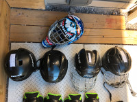 Skates, Hockey helmets, bag, pads, etc
