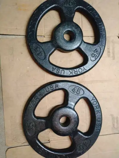 Pair of 45 lbs York Vintage Olympic Weight Plates, View more