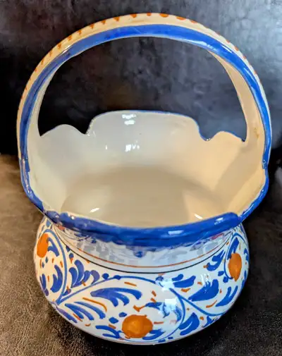 Italian hand painted ceramic planter pot basket with handle, View more