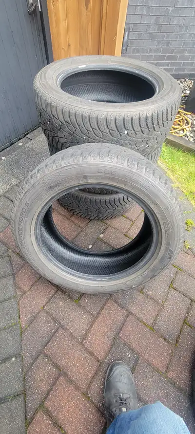 Set of four winter tires. Has the mountain peak for driving on the Whistler Hwy and Coquihalla Hwy....