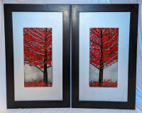Snazzy Mod Pair Framed Raised Relief Red Autumn Trees Wall Art