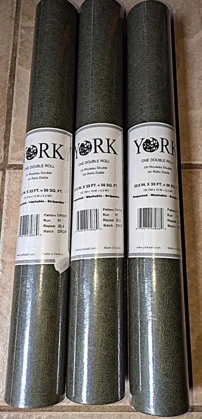 Lot of 3 Sealed Dbl Rolls York Moss Green Faux Leather Wallpaper, View more
