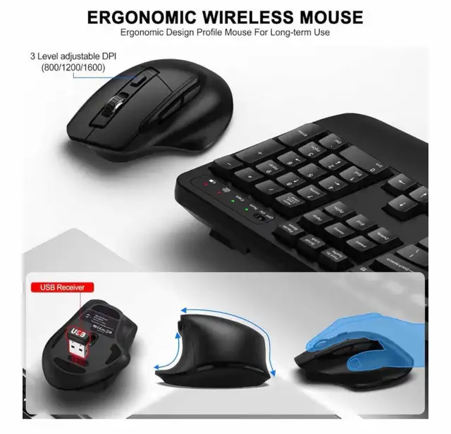 Wireless Keyboard and Mouse Combo, 2.4G Full Size Wave Keys Ergo in Mice, Keyboards & Webcams in Mississauga / Peel Region - Image 5