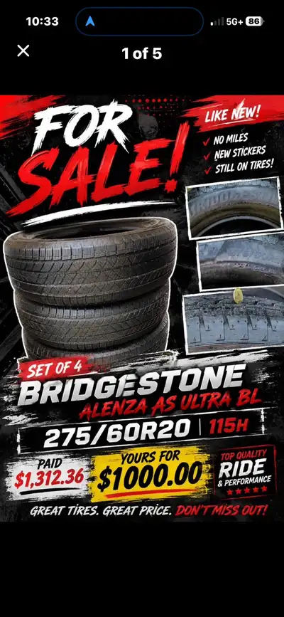 These Bridgestone Alenza AS Ultra BL tires in size 275/60R20 are in excellent, like-new condition, f...
